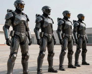 A squad of battle-worn saints in iron-grey armor breaching a neon-lit USC outpost on a barren asteroid.