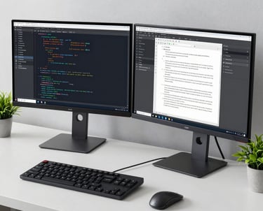 A clean, modern workspace with two monitors showing code and text documents side by side. A small green plant adds a touch of freshness to the professional setup.