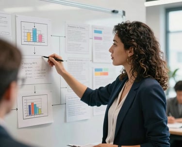 A professional woman working in a collaborative space, pointing at a whiteboard with flowcharts and marketing strategies. Vibrant but professional mood.
