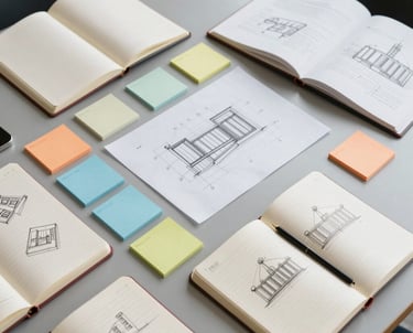 A high-angle shot of a creative brainstorming session. Multiple open notebooks, architectural sketches, and colorful index cards arranged neatly on a grey desk. Clean, bright, and organized aesthetic.