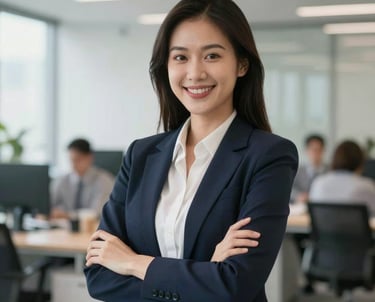Portrait of a young Southeast Asian professional woman in business casual attire, smiling confidently in a bright, modern office space.