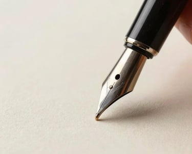 Close-up of a high-quality pen nib touching cream-colored paper, starting to write. The image emphasizes precision and the act of creation.