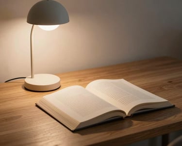 A minimalist desk with a single open book and a small reading lamp. The lighting is warm and invites focus and deep work.