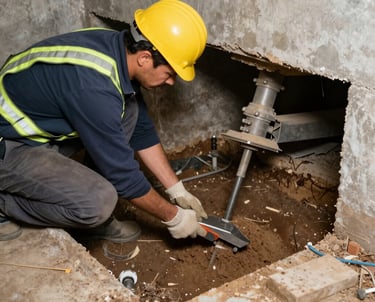 A skilled builder measuring wood beams on a sunny home renovation site.