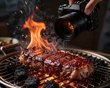 A moody, elegant shot of a professional camera filming a steak on a grill. Fire light, sparks, Charcoal Black and Deep Crimson Red aesthetic.