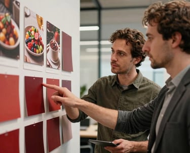 Portrait of a creative strategist in a modern European office. They are pointing at a moodboard with food photography and Deep Crimson Red branding samples. Warm, approachable lighting.