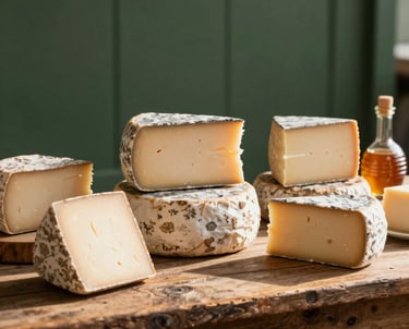 A close up of a rustic table in a local market featuring artisanal cheeses and honey. Warm morning sun, elegant lifestyle photography, Matte Forest Green background.