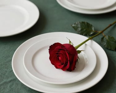 Elegant table setting with a Matte Forest Green tablecloth, Bone White ceramic plates, and a single Deep Crimson Red rose. Scandinavian minimalism.