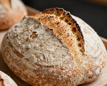 Close-up of a rustic artisanal sourdough bread in a European local market. Shallow depth of field, warm morning light, Pale Cream Beige and Charcoal Black background tones.