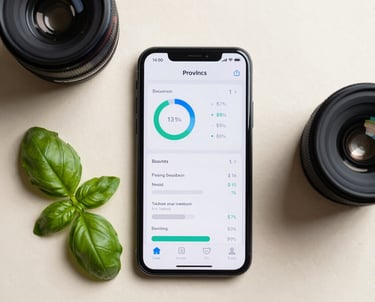 Top view of a professional flat lay: a smartphone showing analytics, a sprig of fresh basil, and a camera lens on a Pale Cream Beige surface.