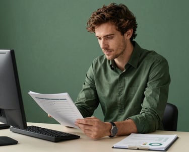 Portrait of a content manager reviewing analytics in a minimalist office. Matte Forest Green decor and a Pale Cream Beige desk. European / Iberian professional look.