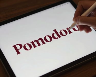 A close up of a digital designer's hand using a stylus on a tablet. The screen shows a modern logo design for a restaurant named 'Pomodoro' in Deep Crimson Red.