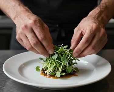 Cinematic shot of a chef finishing a plate with microgreens. High contrast, warm lighting, Matte Forest Green and Charcoal Black aesthetic.