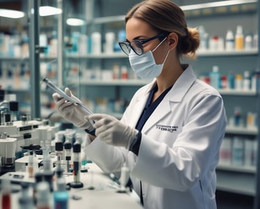 Close-up of a glowing peptide molecular structure with neon blue and teal highlights against a dark laboratory background.