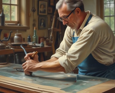 A skilled craftsman fitting a custom glass window in a modern home.