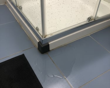 Leaking acrylic shower with water pooling on the bathroom floor – clear sign of a shower leak in an 