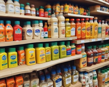 A bright, clean display of Ajab baking flour, Mahamud rice, and Rinsun oil neatly arranged on a modern kitchen counter.