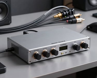 A high-end audio interface sitting on a grey desk, patch cables neatly organized in the background, North American studio setting, refined and modern.