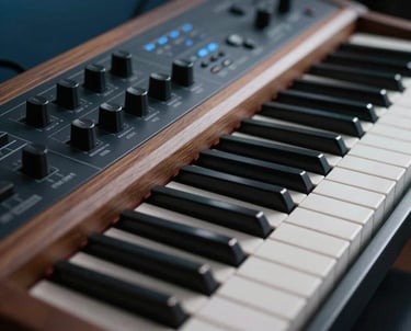 A close-up of an analog synthesizer keyboard, hand-crafted wooden side panels, cinematic lighting in a North American studio, palette of stormy blue.