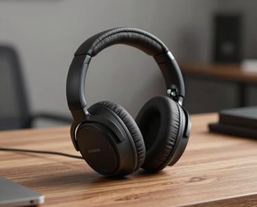 Clean photography of a premium pair of open-back headphones resting on a wooden desk, soft focused background of a North American studio room, muted grey tones.