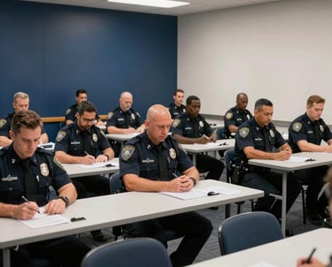 An interior shot of a professional training seminar for law enforcement officers in the US. The composition shows focused professionals seated at clean tables in a well-lit hall with dark blue and white walls, symbolizing transparency and knowledge sharing.