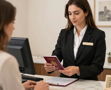 A friendly hotel receptionist using a tablet to check in guests smoothly.
