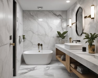 Modern kitchen featuring sleek marble countertops with subtle gray veins.