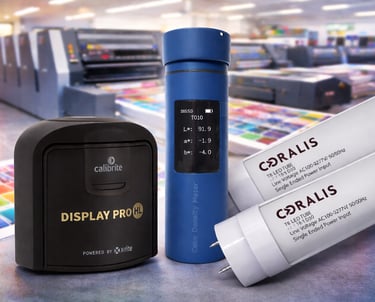 Calibrite Display Pro HL y tubos LED Coralis T8 para la gestión profesional del color de impresión.