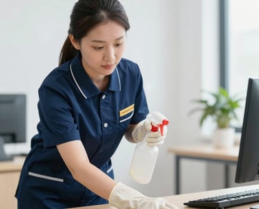 A professional female cleaner in a blue uniform sanitizing an office desk with a spray bottle and cloth.
