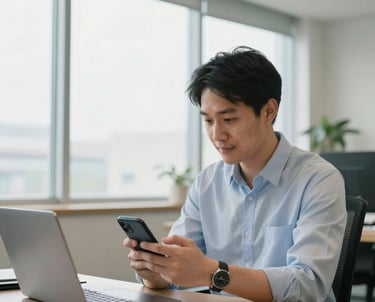 Asian businessman using a smartphone while working on a laptop in a bright modern office.