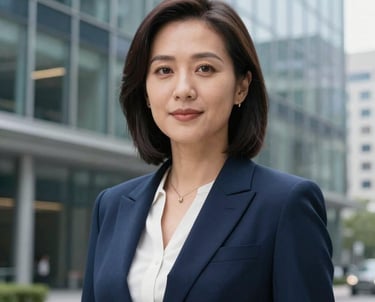 A professional headshot of a female executive in a navy blue blazer, standing against a blurred background of a modern glass office building in the US. Her expression is authoritative and professional.