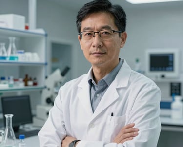 Professional portrait of a biotechnology expert in a light-filled modern laboratory setting in North America, wearing professional attire and looking toward the camera with confidence.