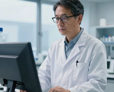Portrait of a male researcher in his late 40s wearing a laboratory coat and glasses, standing in a bright, modern laboratory with blue-tinted windows. He is looking thoughtfully at a digital screen.