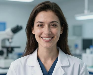 Professional headshot of a female laboratory director in her 30s, smiling confidently. She is in a high-tech environment with soft blue lighting and blurred scientific equipment in the background.