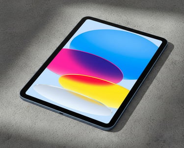 A blue Apple iPad with a colorful screen display resting on a gray concrete surface.