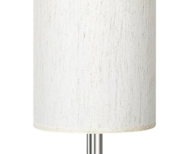 Modern bedside table lamp with wood base, fabric shade, and built-in USB charging ports.