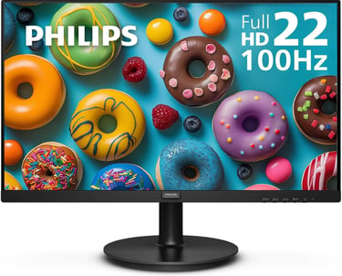 Philips 22-inch Full HD 100Hz computer monitor displaying a vibrant wallpaper of colorful glazed donuts.