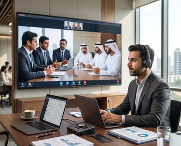 Business professional in a headset conducting a global video conference with Middle Eastern partners in a modern office.