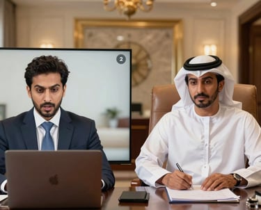 Arab businessmen in traditional and formal attire conducting a virtual meeting with a laptop.