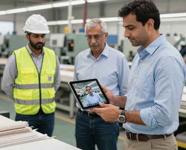 Engineers in a factory using a digital tablet for a remote video consultation during production.