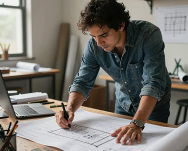 An architect reviewing blueprints in a sunny, airy studio. Authentic interaction with design tools. South American &amp;#x2F; Brazilian setting.