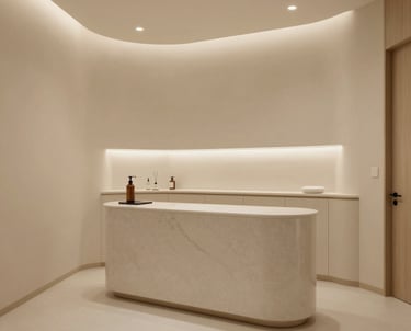 A minimalist commercial interior of an elegant clinic, featuring very light beige tones, soft indirect lighting, and a serene atmosphere. South American &amp;#x2F; Brazilian aesthetics.