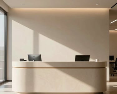 A sleek, minimalist reception area of a tech startup office. Medium beige tones, cozy atmosphere, sunny lighting. South American &amp;#x2F; Brazilian context.