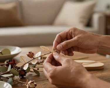 A close-up of hands arranging delicate decor elements in a serene living room. South American &amp;#x2F; Brazilian context, warm light.
