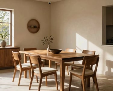 An elegant, sunlit dining area with wooden furniture and minimalist beige styling. South American &amp;#x2F; Brazilian setting, cinematic lighting.