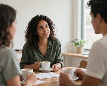 An interior designer discussing a project with a client over coffee in a bright, minimalist room. Authentic interaction. South American &amp;#x2F; Brazilian context.