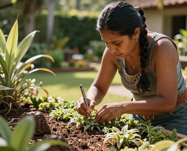 A skilled craftswoman working on intricate landscaping details in a sunny garden. South American &amp;#x2F; Brazilian environment.