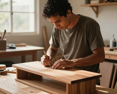 A portrait of a skilled craftsperson working on custom wooden furniture in a bright, sunny workshop. South American &amp;#x2F; Brazilian setting, warm lighting.