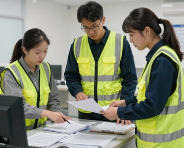 A professional team collaborating in a modern office with safety and technology elements.