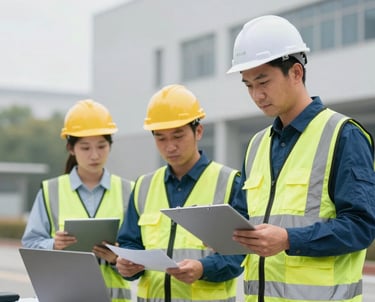 A professional team collaborating in a modern office with safety and technology elements.